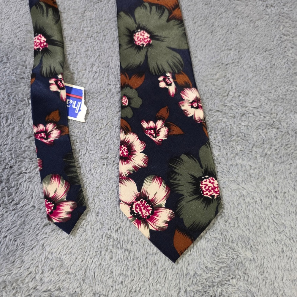 Adolfo Mens OS Silk Necktie Navy Blue Floral Print Hand Made Classic Designer